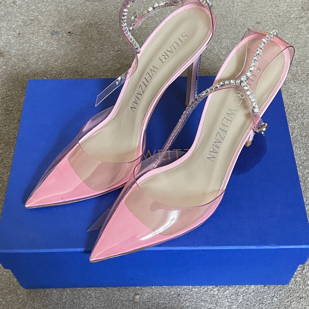 Stuart Weitzman Shiny Pink Heels with Crystal Straps